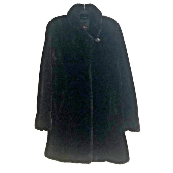 Faux fur coat black mid-length Gallery quilted collar & wrists women size small - Picture 1 of 13